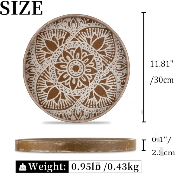 Hanobe Round Wood Decorative Coffee Table Tray Rustic Boho Washed Centerpiece - Picture 10 of 10